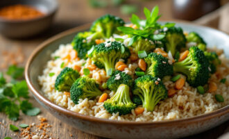 Stir-fried broccoli and rice served in a bowl