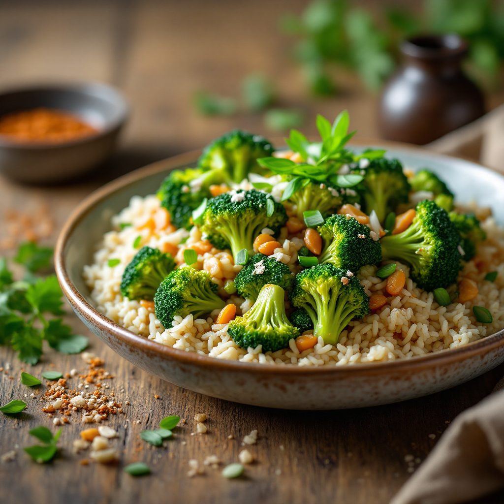 Stir-fried broccoli and rice served in a bowl