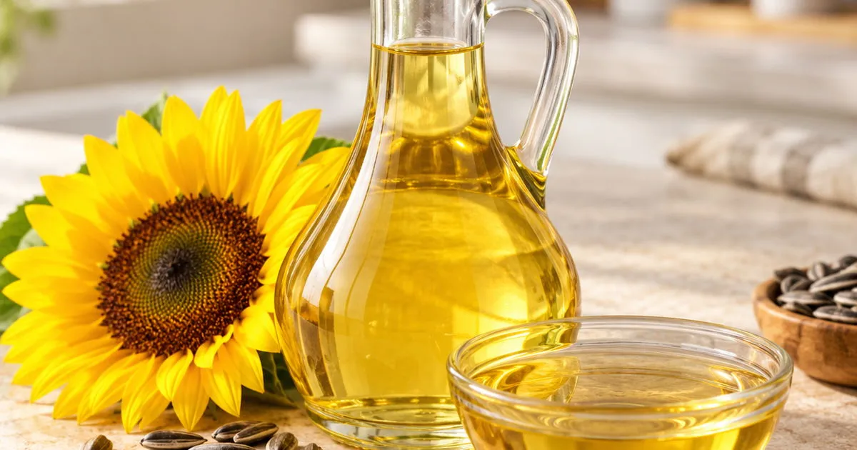 Sunflower oil in a glass bottle with sunflower and seeds