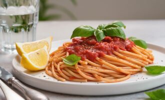Tomato basil pasta with fresh basil and tomato sauce on a white plate