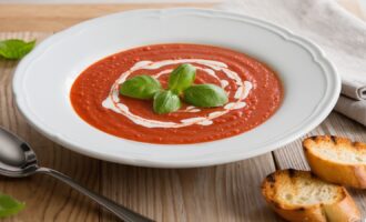 homemade tomato soup recipe with fresh basil leaves