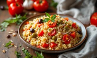 Tomato and Olive Rice recipe with herbs and olive oil