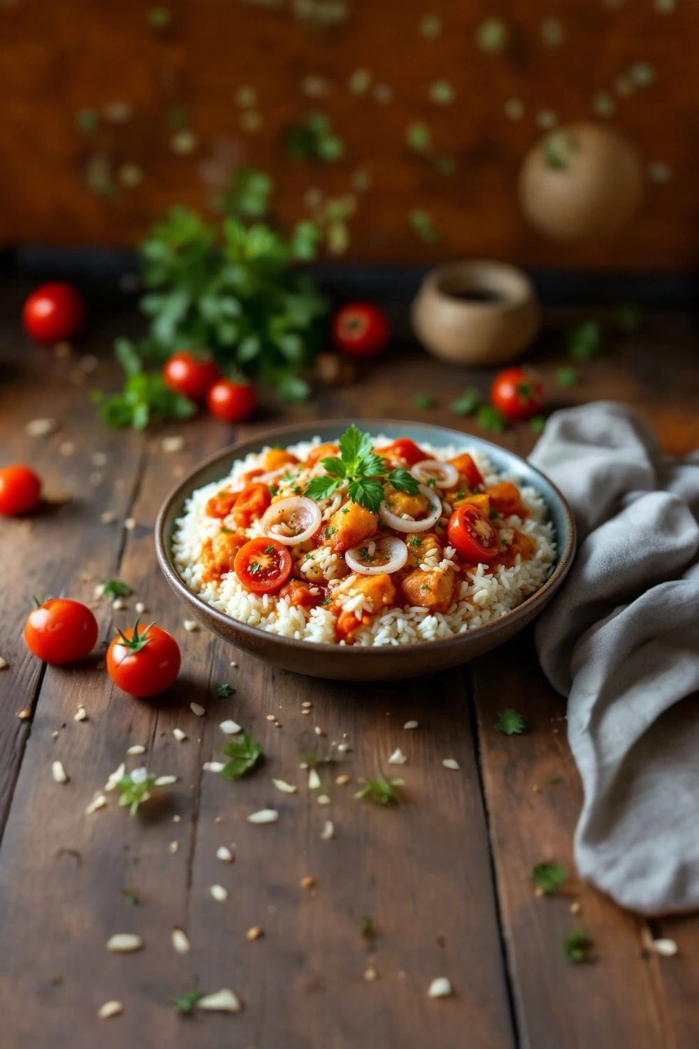 Tomato and onion rice served in a bowl with fresh herbs on a rustic table