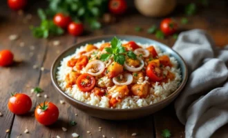 Tomato and onion rice served in a bowl with fresh tomatoes and herbs