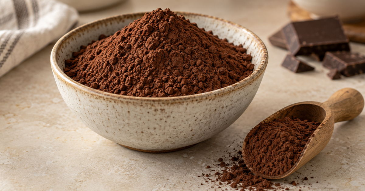 Unsweetened cocoa powder in a ceramic bowl with chocolate pieces