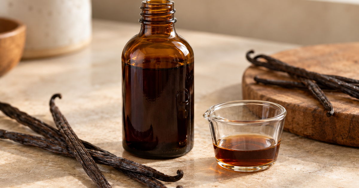 Pure vanilla extract in an amber bottle with vanilla beans