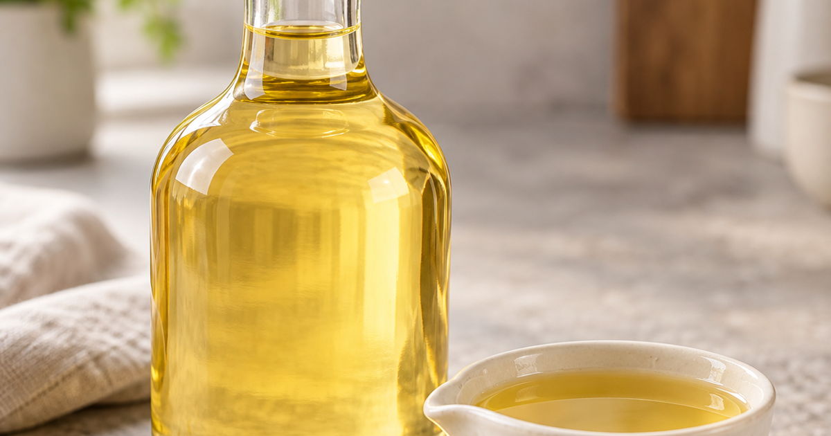 Clear glass bottle and ceramic bowl filled with golden vegetable oil