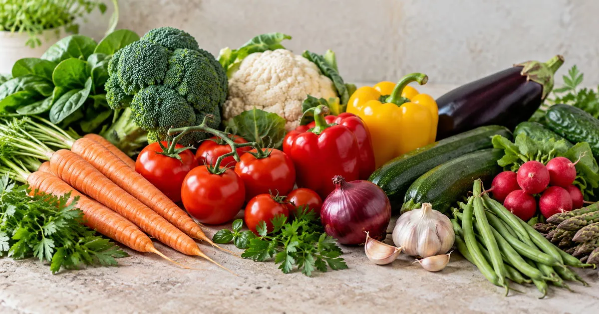 Fresh vegetables including tomatoes, carrots, broccoli, peppers, zucchini, and leafy greens