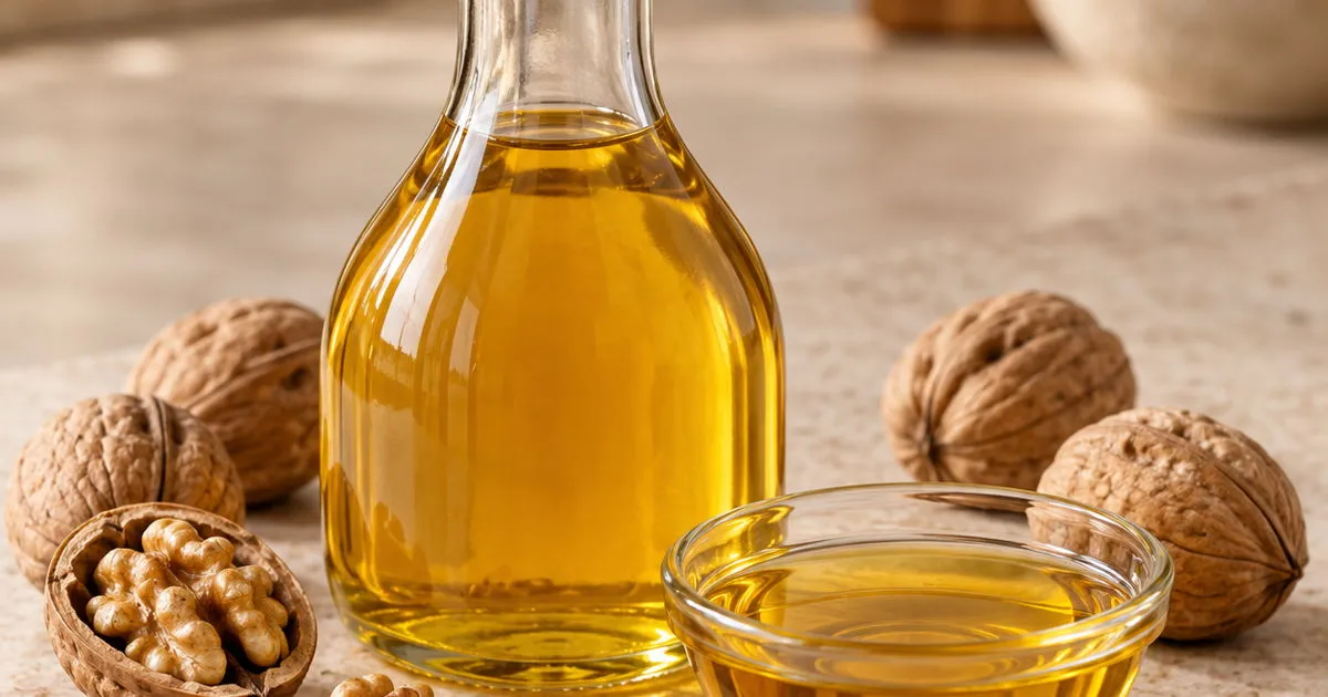 Walnut oil in a glass bottle with whole and shelled walnuts