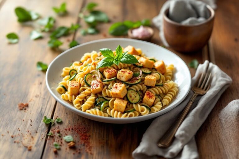 Zucchini and tofu pasta served in a bowl with herbs and garlic