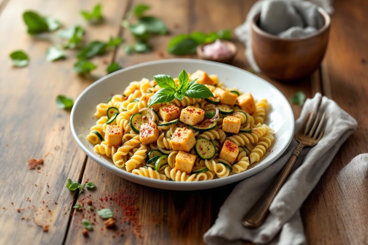 Zucchini and tofu pasta served in a bowl with herbs and garlic