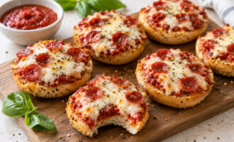 Air Fryer Bagel Bites with pepperoni and melted cheese