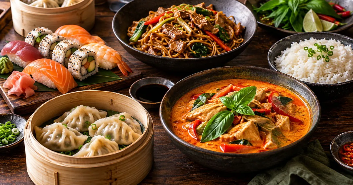 Asian cuisine with sushi, dumplings, noodles, curry, and rice