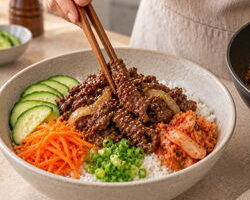 Assembling a Korean beef bulgogi rice bowl with vegetables and kimchi