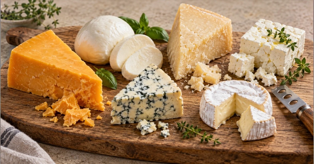 Assorted cheeses on a wooden board