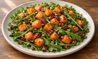 Autumn Roasted Butternut Squash and Arugula Salad with Toasted Pecans — AI-generated illustration