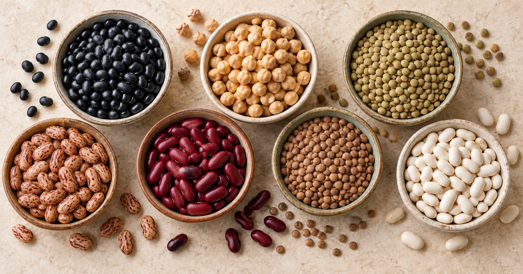 Assorted beans and legumes in bowls