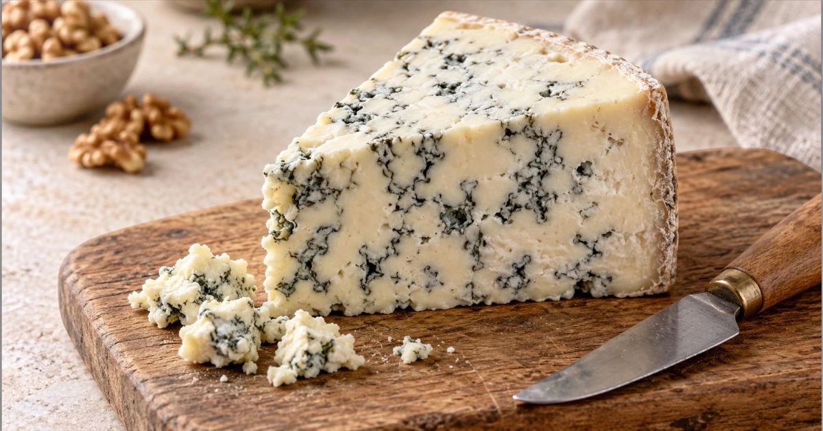 Blue cheese wedge on a wooden board