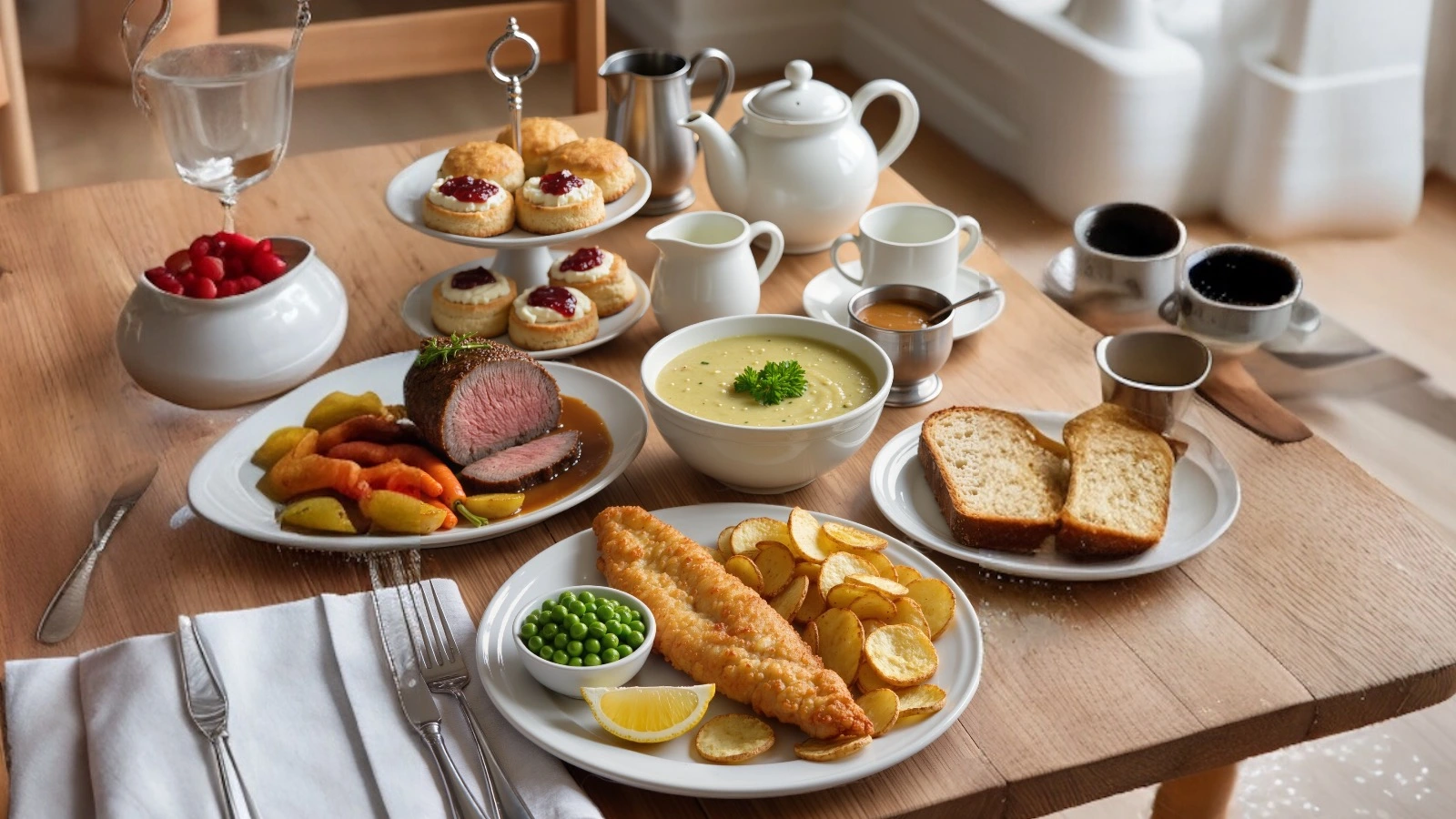 Traditional British dishes served on a table