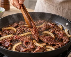 Marinated beef bulgogi cooking in a hot skillet