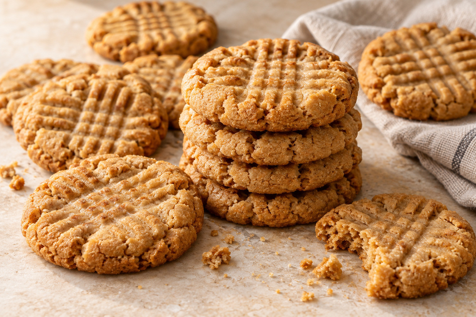Soft and chewy creamy peanut butter cookies with fork marks