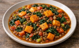 Hearty Lentil and Butternut Squash Stew with Kale — AI-generated illustration