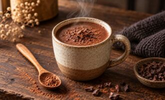 Homemade hot cacao in a ceramic mug