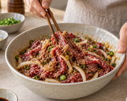 Sliced beef mixed with Korean bulgogi marinade