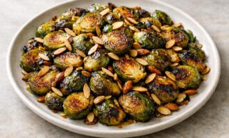 Maple-Glazed Roasted Brussels Sprouts with Toasted Almonds — AI-generated illustration