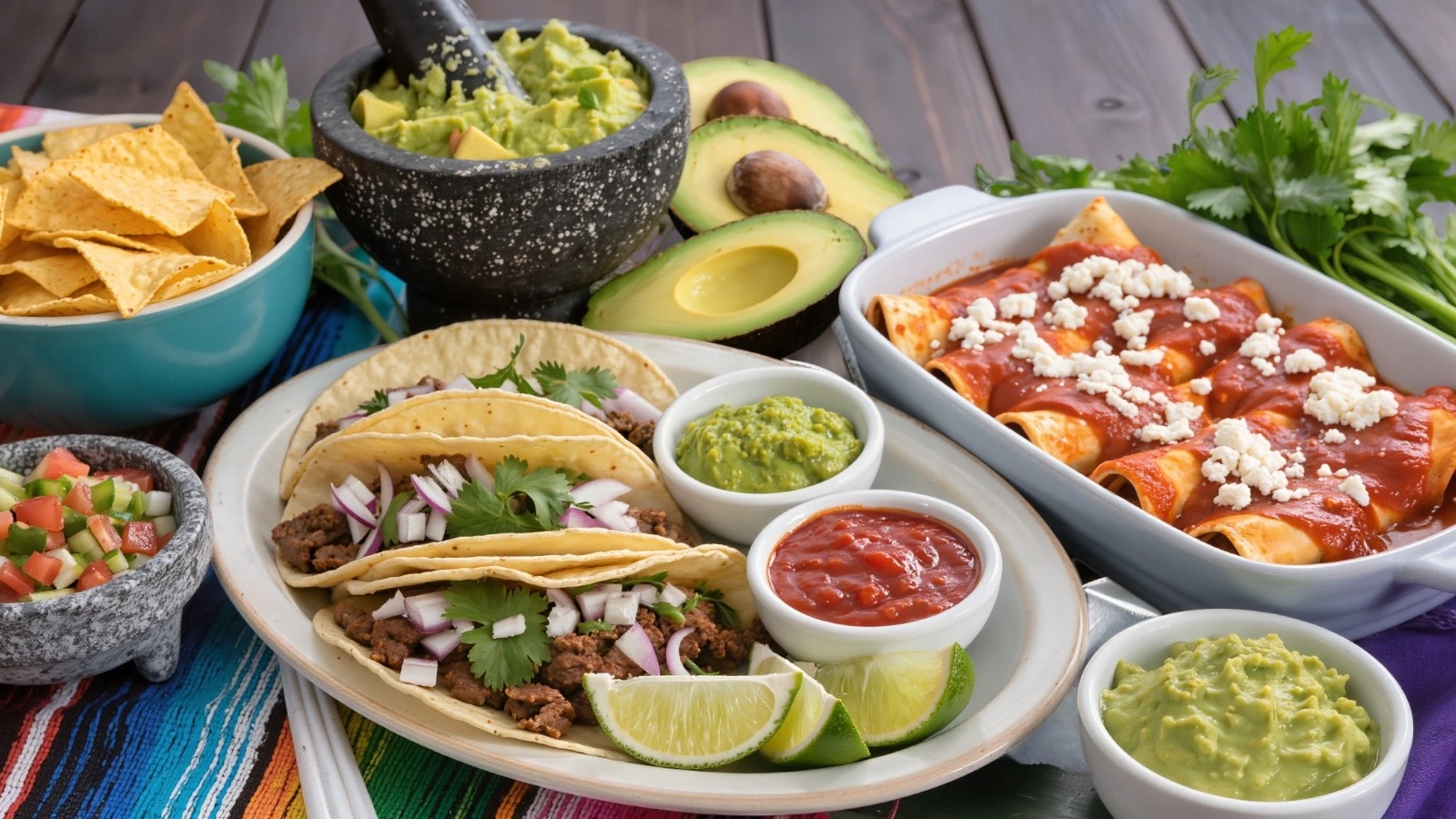 Traditional Mexican dishes with tacos, guacamole, and fresh vegetables