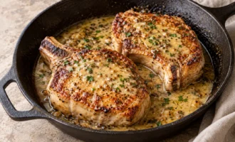 Juicy oven baked pork chops with Dijon butter sauce