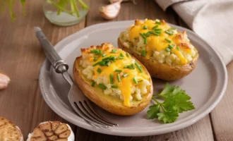 Twice-Baked Garlic Potatoes topped with melted cheddar cheese and fresh chives, served on a plate with roasted garlic.