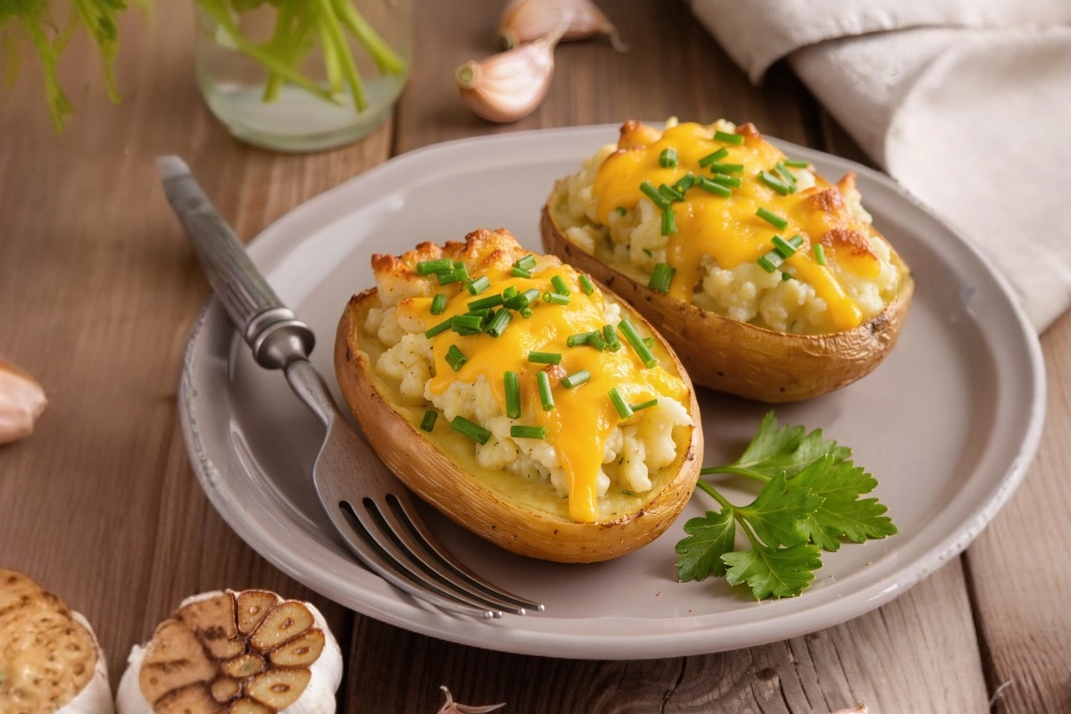 Twice Baked Garlic Potatoes topped with melted cheddar cheese and fresh chives, served on a plate with roasted garlic.