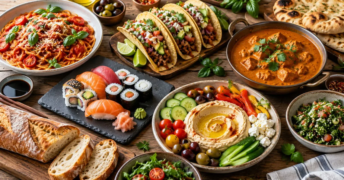 World cuisines featuring pasta, tacos, sushi, curry, hummus, and bread